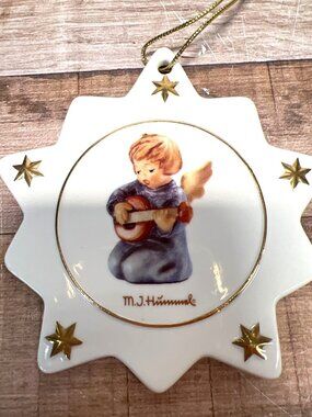M.J. Hummel Porcelain Star Ornament With Angel Playing Mandolin & Gold Stars